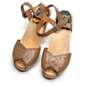 Toffel Swedish Hasbeens Leather Mary Jane Wood Platform Sandals Womens US 5.5 36